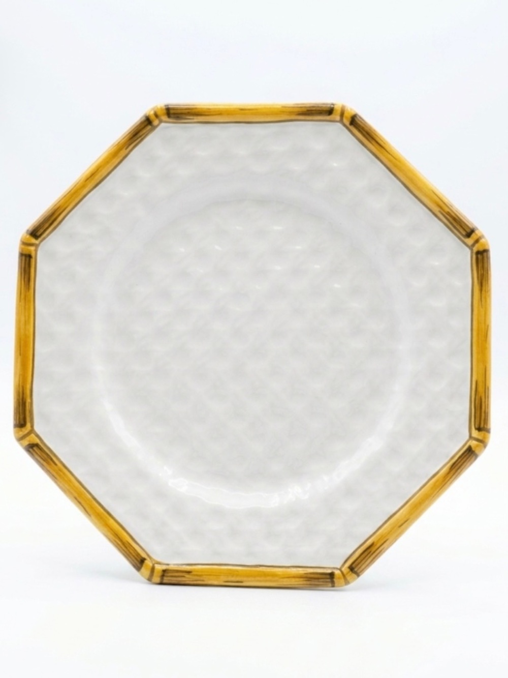 70s Vintage Costa Meiselman Italian Ceramic Octagonal Plate Bamboo Trim Rattan